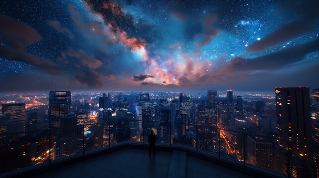 Fototapeta A person standing on a rooftop overlooking a vibrant city under a starlit night sky with colorful clouds and city lights.