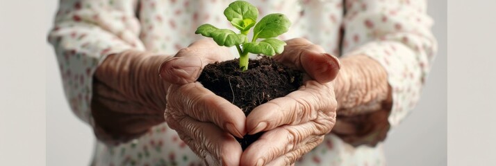 Plant in hands, young sprout, new plant growing in soil, organic farming, environment care, earth day