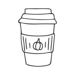 Pumpkin Spice latte cup in Doodle style. Sketch hand Drawn Outline hot coffee drink. Cozy seasonal black and white illustration. Design element