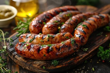 Fried sausages with sauces and herbs on wooden serving Board. Great beer snack on a dark background