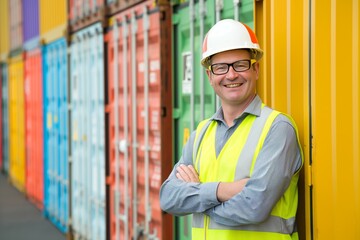 Confident Male Engineer in Safety Gear Positively Stands Among Colorful Shipping Containers