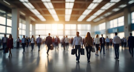Blurred business people rush at trade fair hall or hi-tech airport with sunlight. Abstract business background