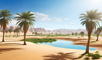 Obraz premium an oasis in the desert, a lake of water in the middle of the desert and a few trees