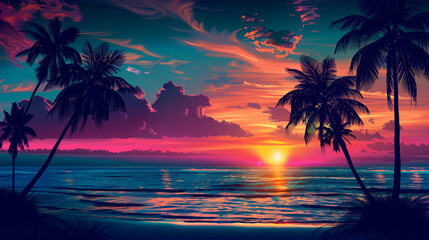Vibrant sunset at the beach, silhouettes of palm trees against the colorful sky