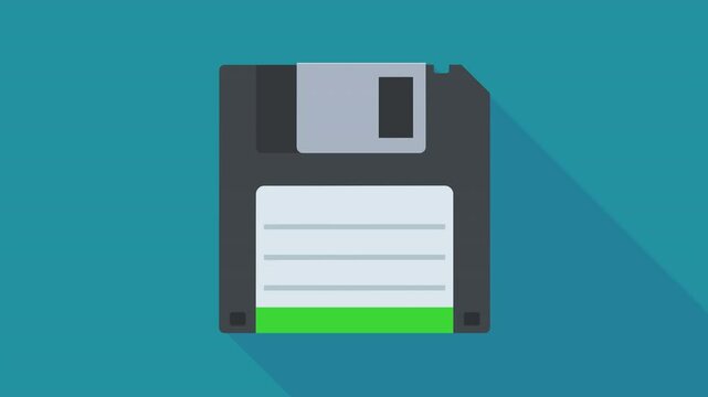 Appearance of a 3 and a half inch black floppy disk with its blank label from the bottom to the center on a blue background with long shadow (flat design)