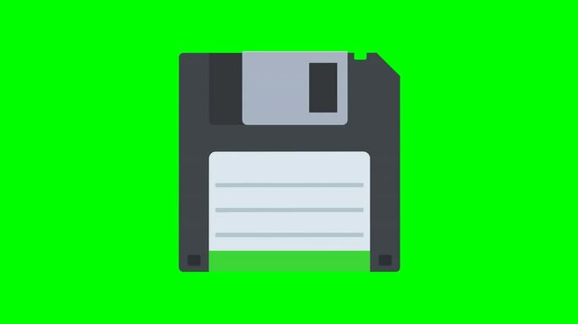 Appearance of a black 3 and a half inch floppy disk with its blank label from the bottom to the center on a green screen with alpha channel (flat design)