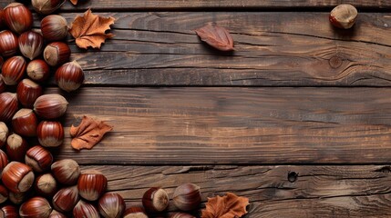 Scattered ripe chestnuts on wooden boards with space for text