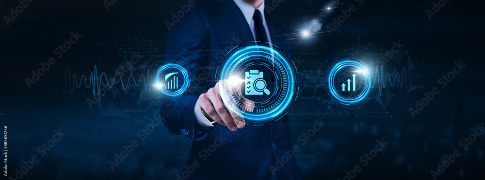 Poster assessment technology, evaluation methods, testing software, businessman touch icon data exchange on
