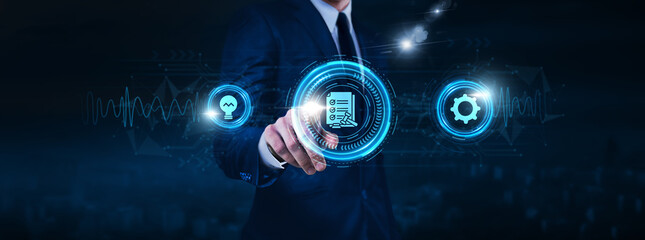 Compliance regulations, security protocols, risk management, businessman touch of compliance icon...