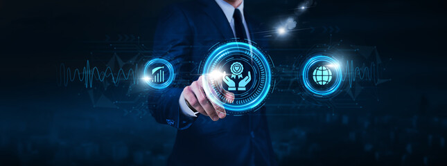 Core Values: Integrity, innovation, sustainability, businessman touch of Core Values icon Data...