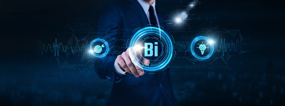 BI, data analytics, decision support systems, businessman touch of data exchange icon Data exchange on digital network connection, data visualization, reporting tools, predictive analytics.