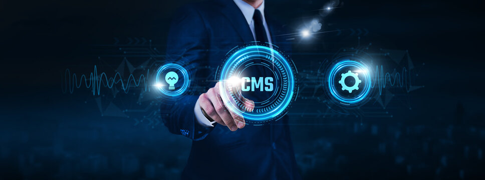 Content Management System (CMS), e-commerce platforms, cloud-based solutions, businessman touch of CMS Text Data exchange on digital network connection, website templates, database integration.