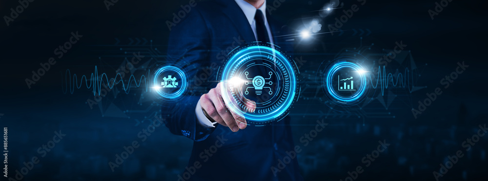 Poster finance technology, digital payments, businessman touch of financial analytics icon data exchange on