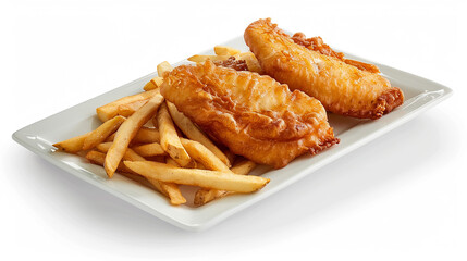 A classic fish and chips dish with golden fried fish and crispy fries, served on a white rectangular plate against a white background 