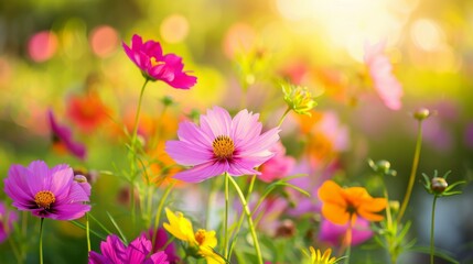 Flower field in sunlight, spring or summer garden background in closeup macro view or flowers meadow field in morning light