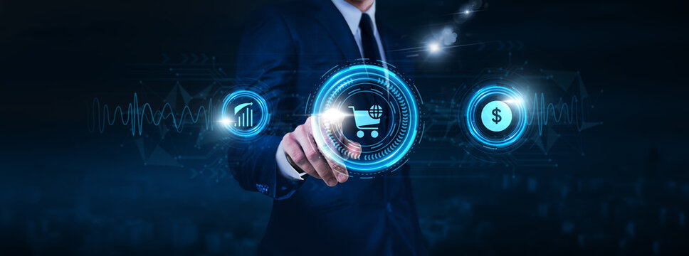 E-commerce, digital payment systems, businessman touch of online shopping icon. Data exchange on digital network connection, logistics management, cybersecurity measures.