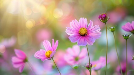 Fototapeta premium Flower field in sunlight, spring or summer garden background in closeup macro view or flowers meadow field in morning light