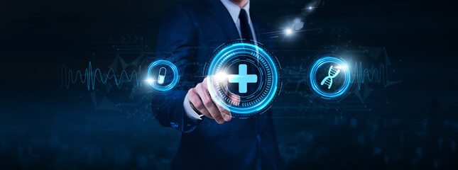 Medical technology, telemedicine solutions, patient monitoring systems, businessman touch of health icon Data exchange on digital network connection, medical imaging devices, wearable health tech.