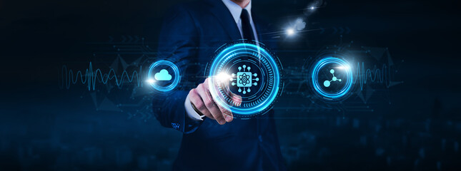 Quantum Computing Technology, quantum algorithms, qubits, businessman touch of Quantum Computing...