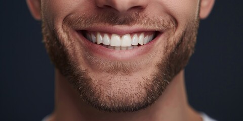 Obraz premium Young Man With Beautiful Smile On Black Background, Copy Space, Teeth Whitening, Closeup, Dentistry Clinic Advertising Concept