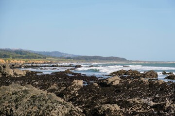 Scenic view of a serene rocky beach on a sunny day in Pescadero, California, United States