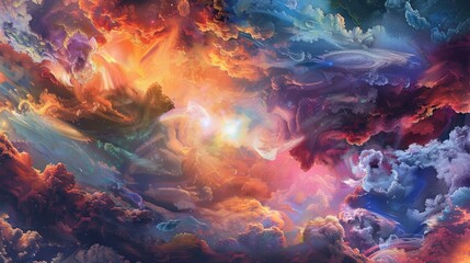 A fantasy-themed abstract painting featuring a burst of vibrant colors, forming ethereal shapes and patterns in a magical sky.