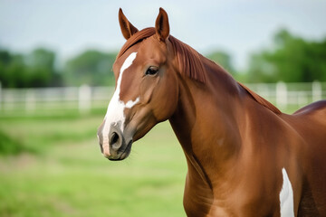 Obraz premium Portrait of a chestnut horse on a farm with a grassy pasture