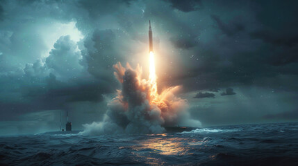Dramatic Rocket Launch from the Ocean Amidst Stormy Skies