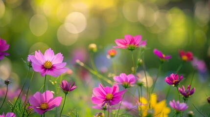 Fototapeta premium Flower field in sunlight, spring or summer garden background in closeup macro view or flowers meadow field in morning light