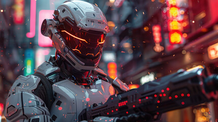 Fototapeta premium Futuristic Robotic Soldier in Neon-Lit Urban Setting