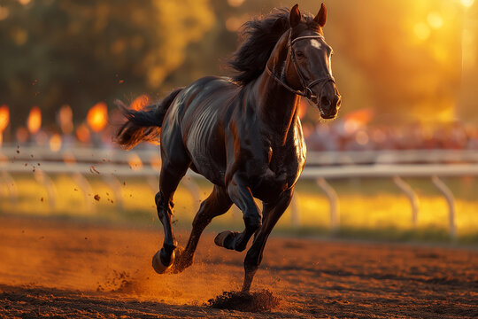 Athletic horse galloping on race track at sunset with speed and powerful mane under sunlight