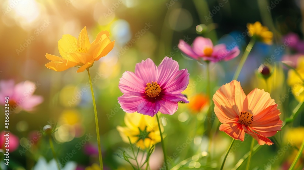 Wall mural flower field in sunlight, spring or summer garden background in closeup macro view or flowers meadow