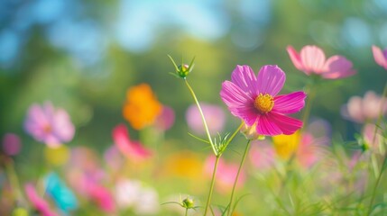 Obraz premium Flower field in sunlight, spring or summer garden background in closeup macro view or flowers meadow field in morning light