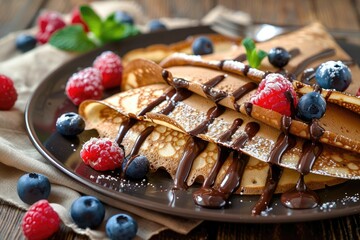 Chocolate Crepes. Rustic Wood Background with Tasty Homemade Crepes Topped with Raspberries and Blueberries