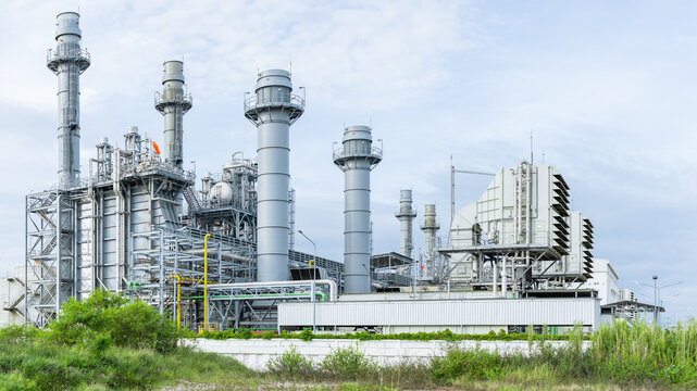 Combined Cycle Power Plant. Steam Turbine Modern Clean Power generator building. Large electricity industry.