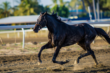 Galloping black horse race showcasing speed outdoors with power and freedom in an equestrian setting