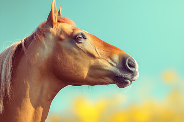 Naklejka premium Majestic horse head profile in nature with bright sky and yellow field.