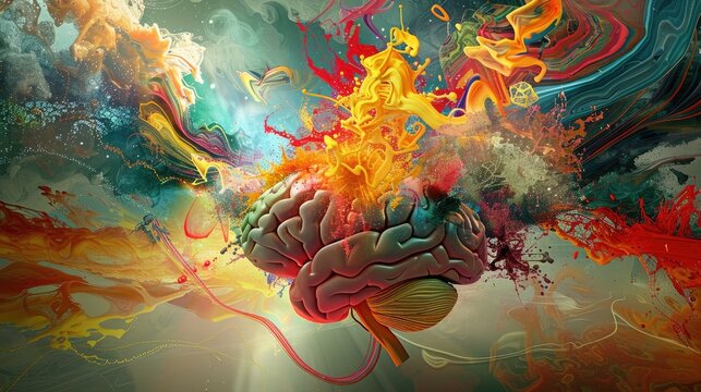 A human brain exploding into a cascade of vibrant colors, intricate patterns, and symbols of creativity and knowledge, set against a dynamic, abstract backdrop.