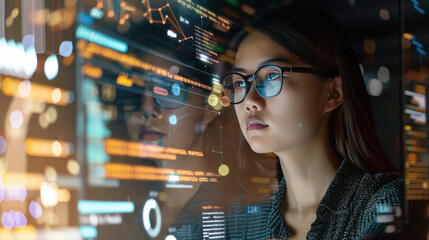 ocused Female Data Analyst Working with Complex Data on Transparent Screen