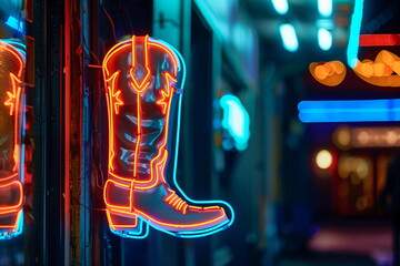 A glowing neon sign shaped like a cowboy boot, vibrant and retro touch to a nighttime scene, place for text