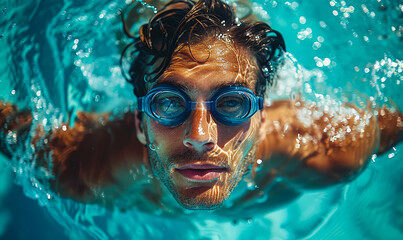 Fototapeta premium Aerial Top View Male Swimmer Executing Butterfly Stroke in Pool, Focused Athlete Training for Championship, Professional Sportsperson in Action, Determined Expression Underwater, Clear Daytime Setting