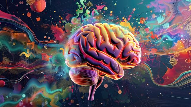 A human brain exploding into a cascade of vibrant colors, intricate patterns, and symbols of creativity and knowledge, set against a dynamic, abstract backdrop.