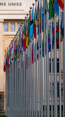 The United Nations Member States' flags raised at the Palace of Nations, Switzerland. Vertical shot