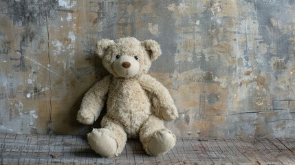 Obraz premium Vintage style Teddy Bear seated solo with aged wooden backdrop
