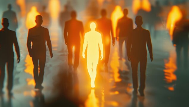 A glowing human figure stands out among other people The background is blurred and light gray to emphasize the silhouette of the person Generative AI