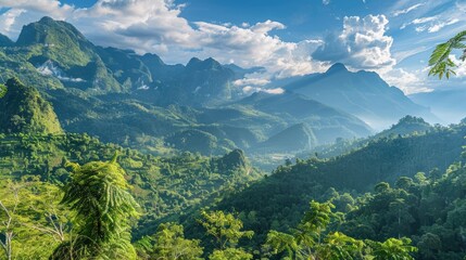 Fototapeta premium Looking Over Mountain. Stunning Asian Landscape Viewed from Nong Khiaw Village Viewpoint
