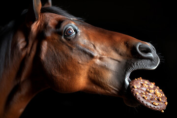 Horse with cookie in mouth, chocolate snack, funny animal profile, pet eating bizarre treat