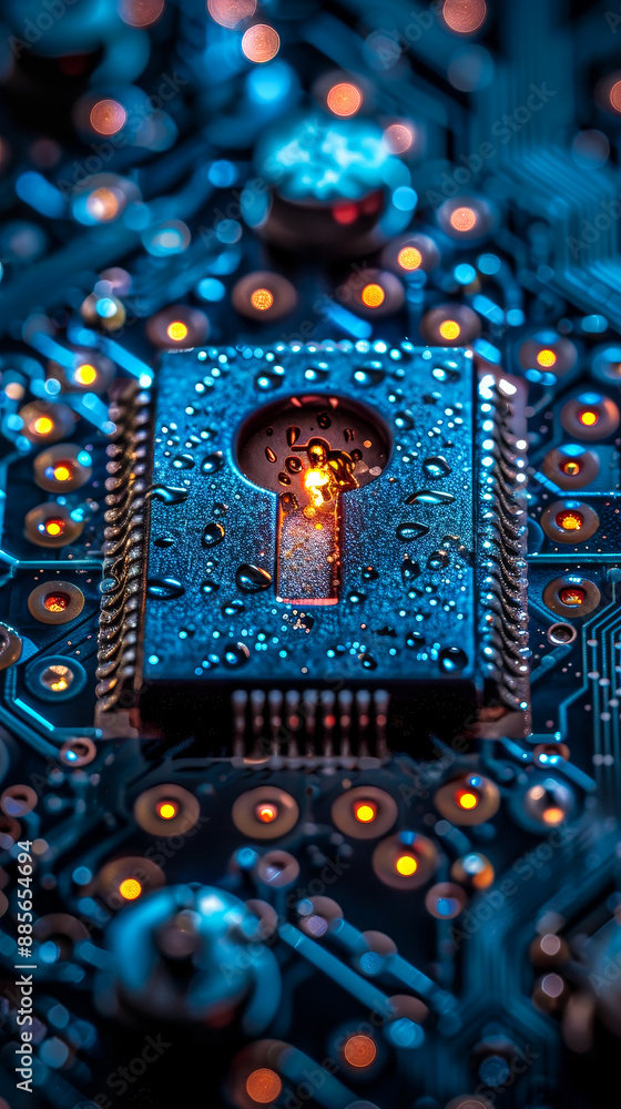 Poster cybersecurity lock symbol on wet circuit board with futuristic illuminated elements representing dig