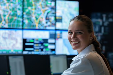 Happy Female Engineer Operating Control Room in Futuristic Smart City with Digital Screens and Maps