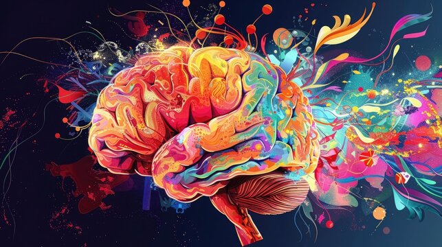 A human brain intricately detailed with vibrant neural pathways, exploding into an explosion of artistic shapes, colors, and symbols of creativity.